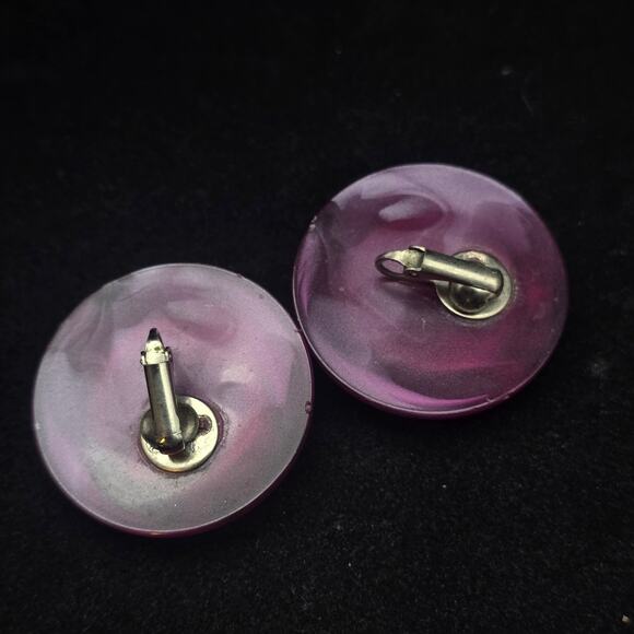 Marbled Purple Acrylic Medallion Earrings Clip On Vintage 1980s Jewelry - Picture 4 of 6
